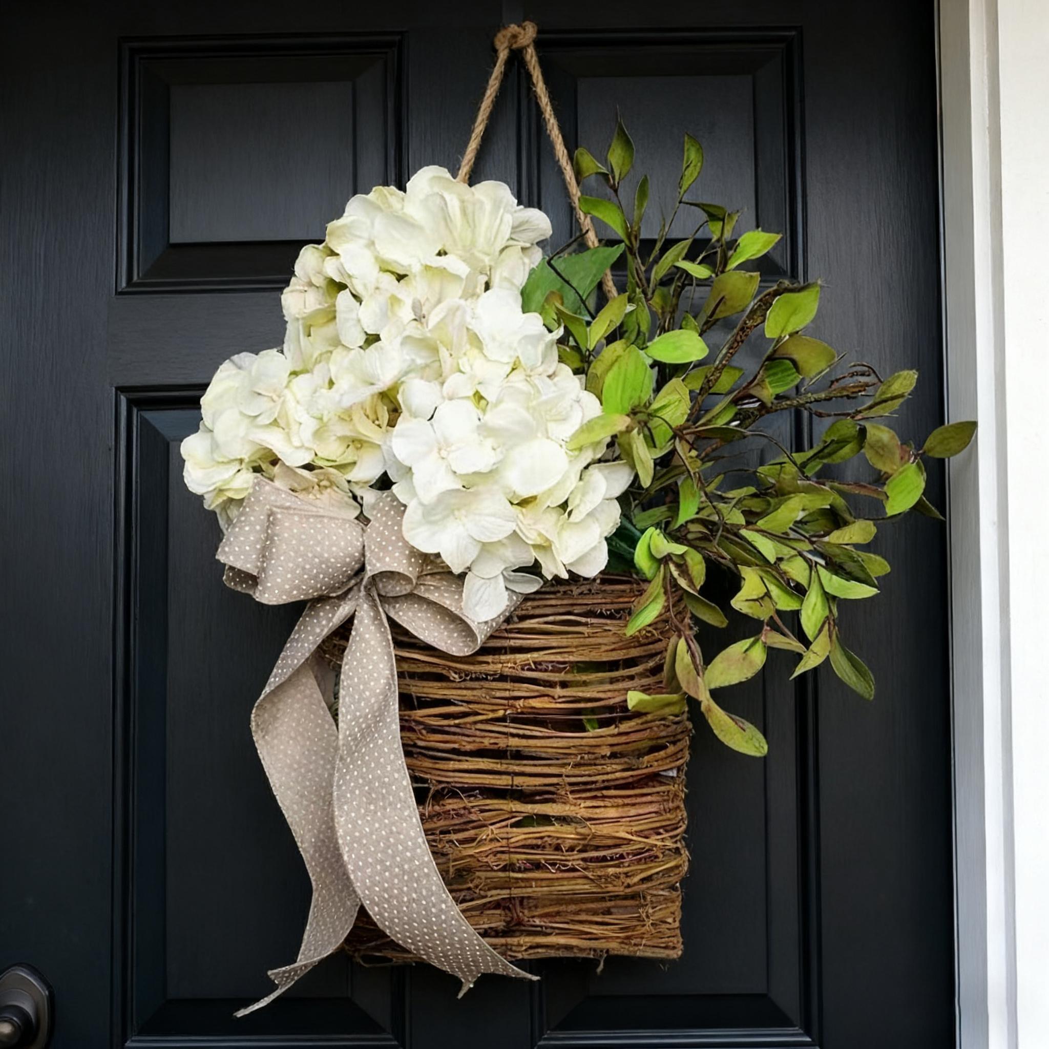 14" Cream Hydrangea Door Basket Wreath - Modern Farmhouse Floral Hanger for Front Door, Porch & Spring/Summer Aesthetic Home Decor Artificial Flower Bouquet Artificial Plants