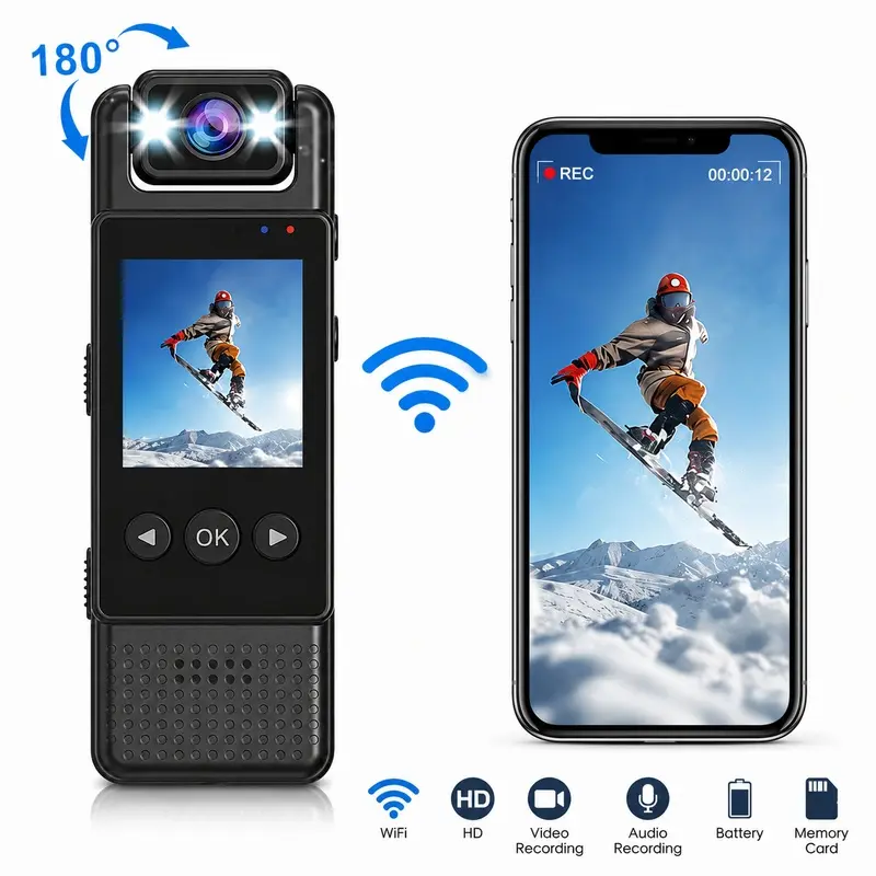 Action Camera HD WiFi Hotspot Sports Camera, USB Rechargeable Body Worn Cam with Infrared Night Vision, Wearable Recording Camera for Outdoor Vlogging Cycling