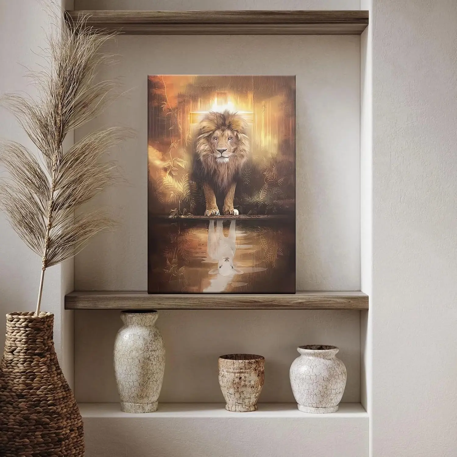 Framed Majestic Lion Animal Print Canvas Wall Art - Decorative, Waterproof Jesus-Inspired Christian Spiritual Wall Decoration for Living Room Home Decor, Ready-to-Hang Wildlife Gallery Wrap Print