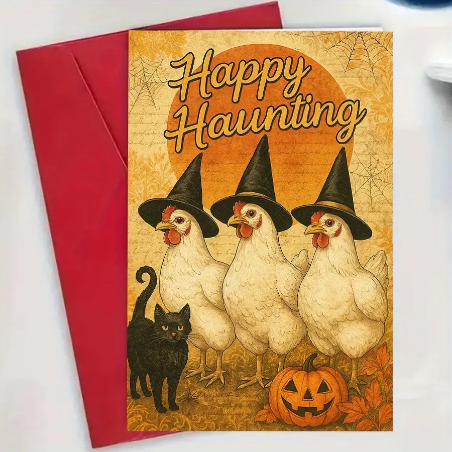 Humorous Halloween Card with Witches, Chickens, Cat, Pumpkin, Perfect for Spooky Season, Great Gift, Includes Envelope