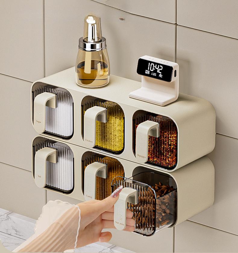 Wall-Mounted Integrated Multi-Compartment Spice Box Set Kitchen Household Moisture-Proof Storage Salt MSG Plastic Jar Organizer
