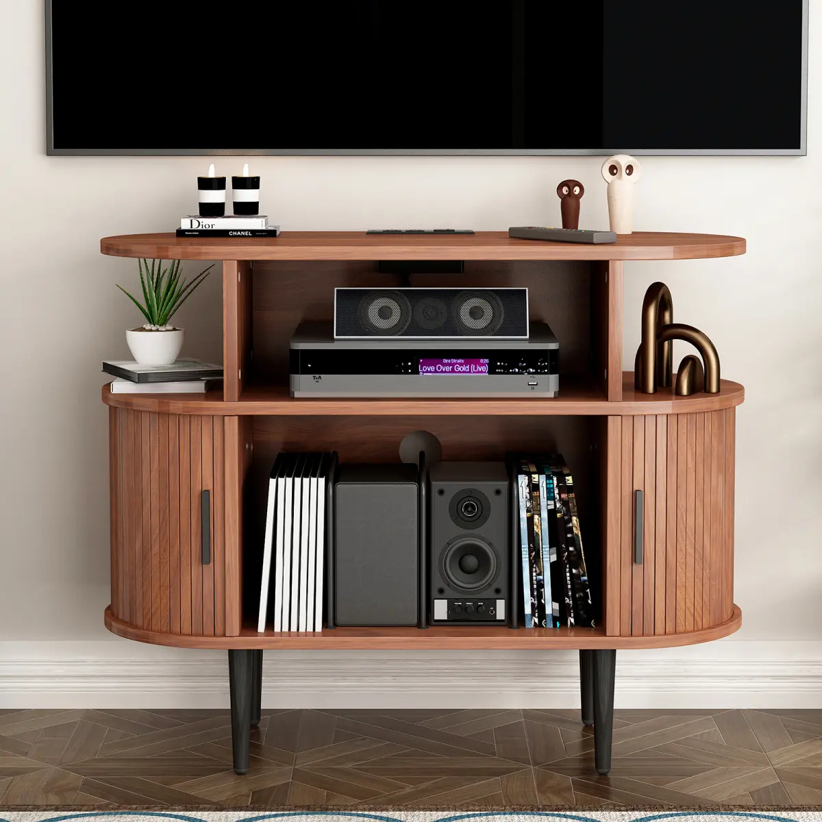 Mid-Century Modern Rectangular MDF-Wood Record Player Stand - Walnut Finish, Multi-Shelves Storage Organizer with Wood Legs for Living Room, Bedroom