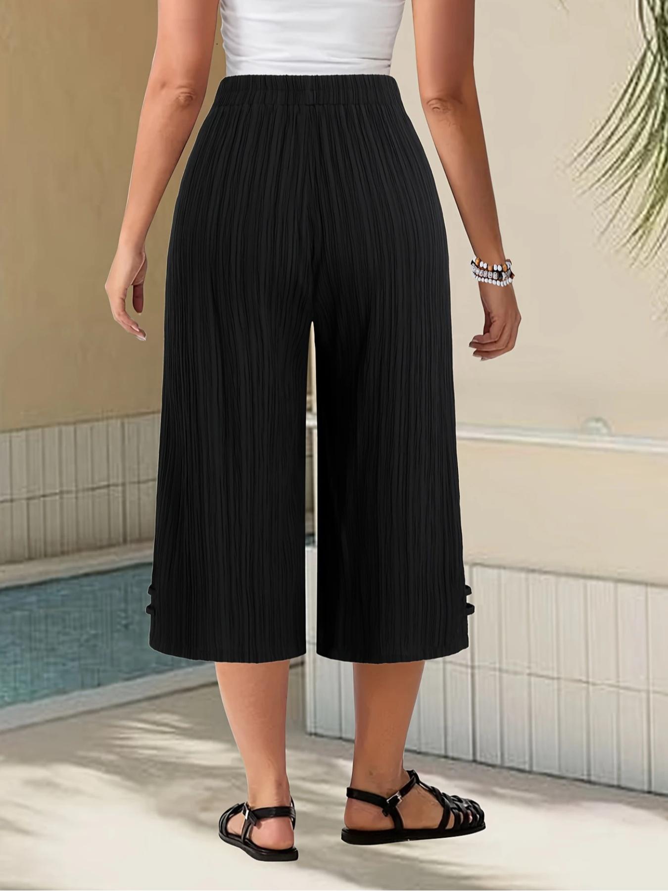 【Plus Size】 Solid Color Capri Pants, Casual Comfy Wide Leg Pants for Summer, Women's Bottoms for Daily Wear, Casual Chic Bottoms