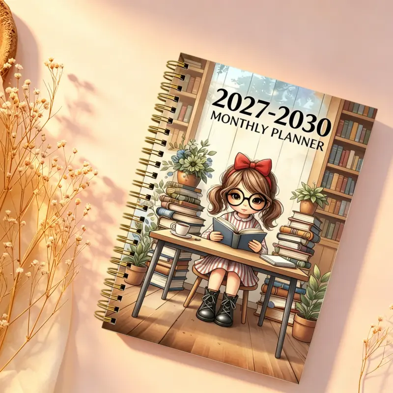 2027-2030 Monthly Customized Calendar/Planner - January 2027 to December 2030, a four-year monthly customized planner, a girl's reading-themed cover design diary, an annual calendar planner, month labels, 48-month calendar, 13.97 x 21.08 cm thickened pape