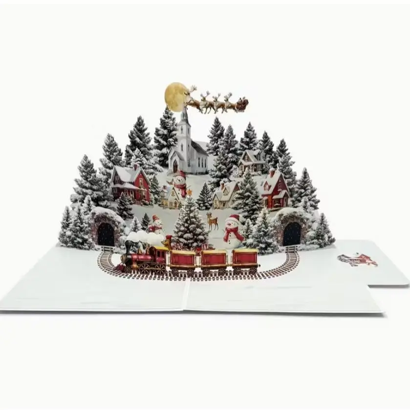 3D Pop-Up Christmas Card, Santa Claus, Reindeer, Snow Village, Moonlit Sky, Holiday Greeting Card, Detailed Illustration, Festive Design