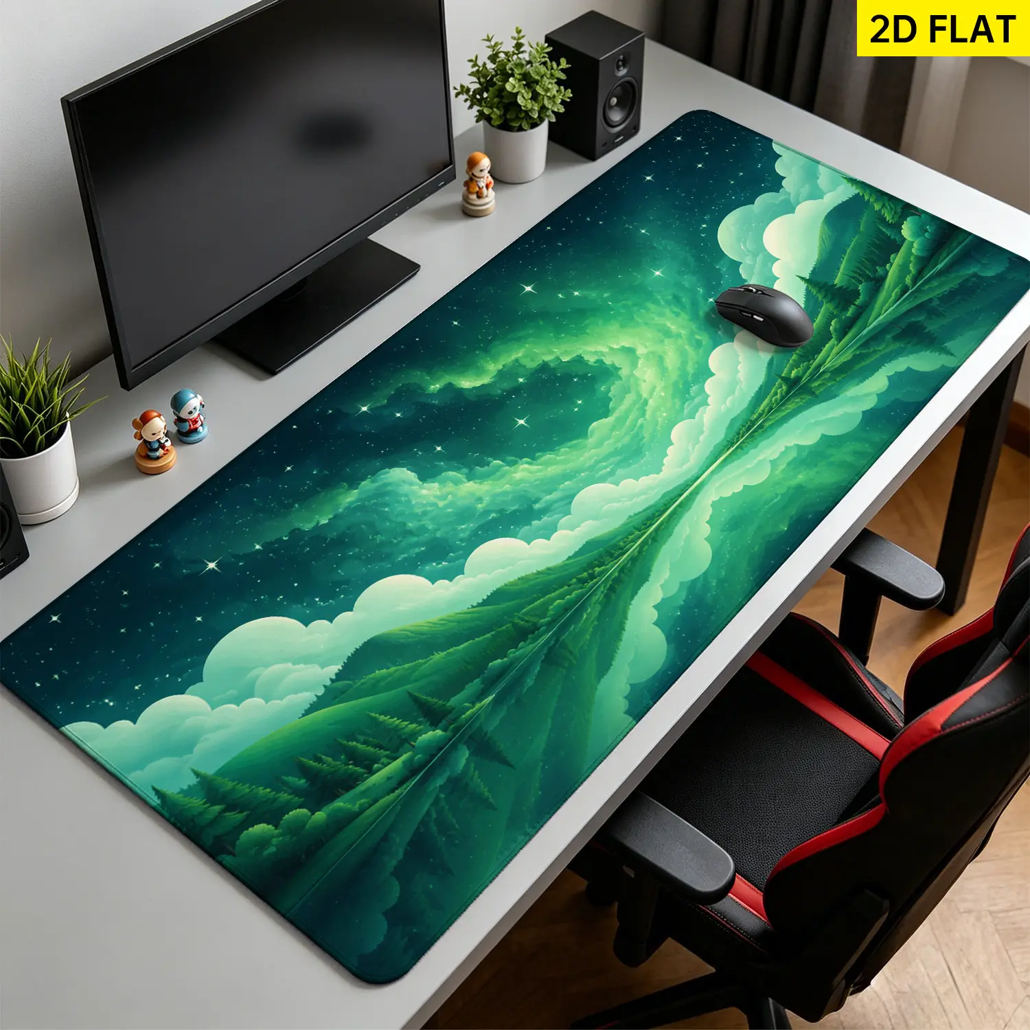 Extra Large starry green night sky landscape Mouse Pad,Non Slip Rubber Pad,Desktop Decoration Drotection Pad,Washable,Lock Edge Multi Size,Premium Multipurpose Mousepad For Home,Office,Gift for Family and Friends