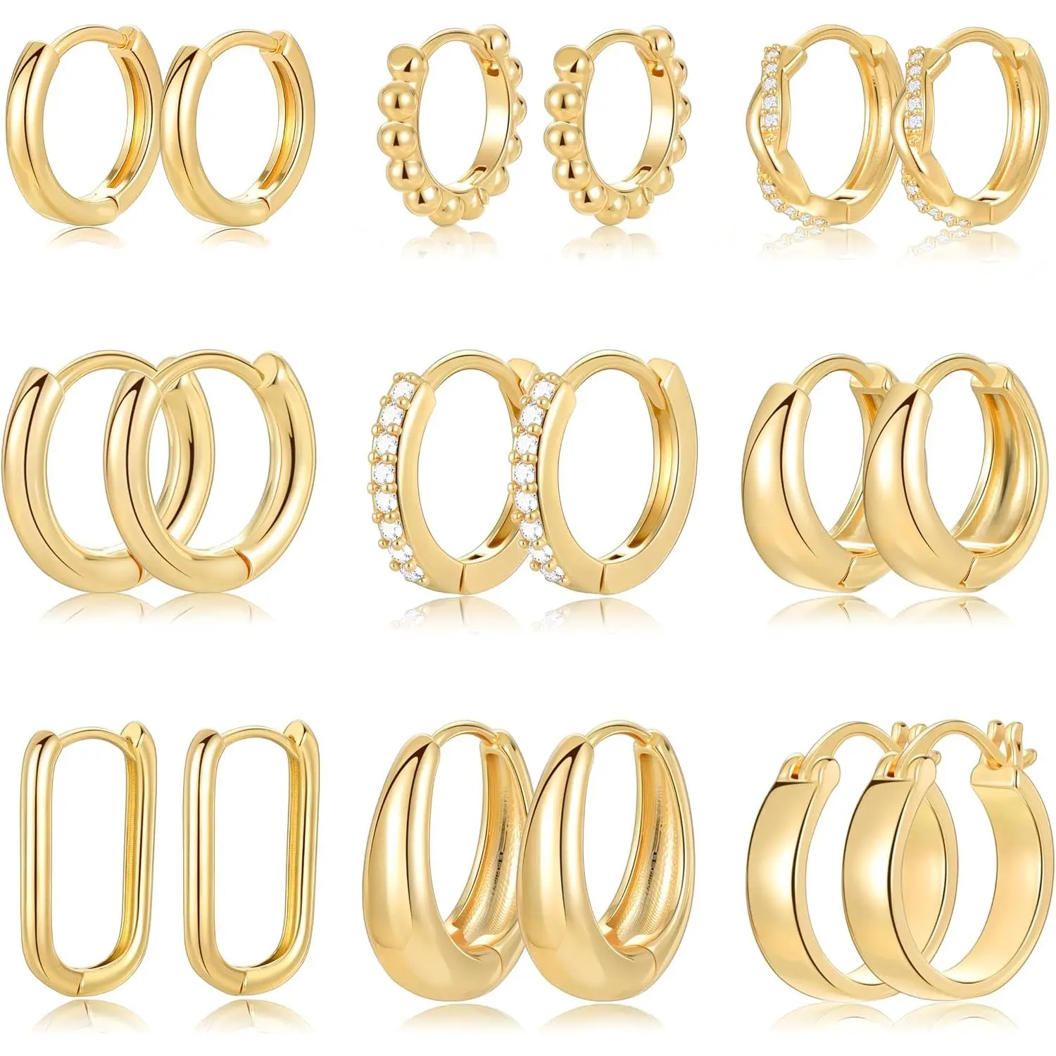 9 Pairs Small / Hoop Earrings Set for Women | 14K  Plated Chunky Hoop Small Earring  Thick Open Lightweight Chunky Hoop Earrings  for Gifts