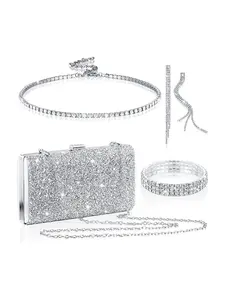 Elegant Rhinestone Jewelry Set, Necklace, Fringe Earrings, Studded Bracelet, Boxed Evening Bag, Four-Piece Ensemble, Unique Design
