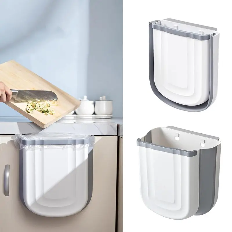 Plastic Kitchen Hanging Trash Can - 2.4 Gal/9L Collapsible Waste Bin, Small Composting Bin for Food Scraps, Wall-Mounted for Indoor Recreation Use (Grey)