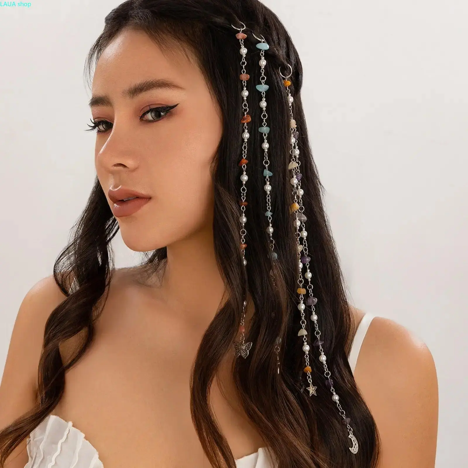 Boho Long Hair Chains Inlaid Natural Stone Chips, Butterfly & Star Charm Braided Dreadlock Ornaments Chic Women Accessories For Vacation Daily Styling