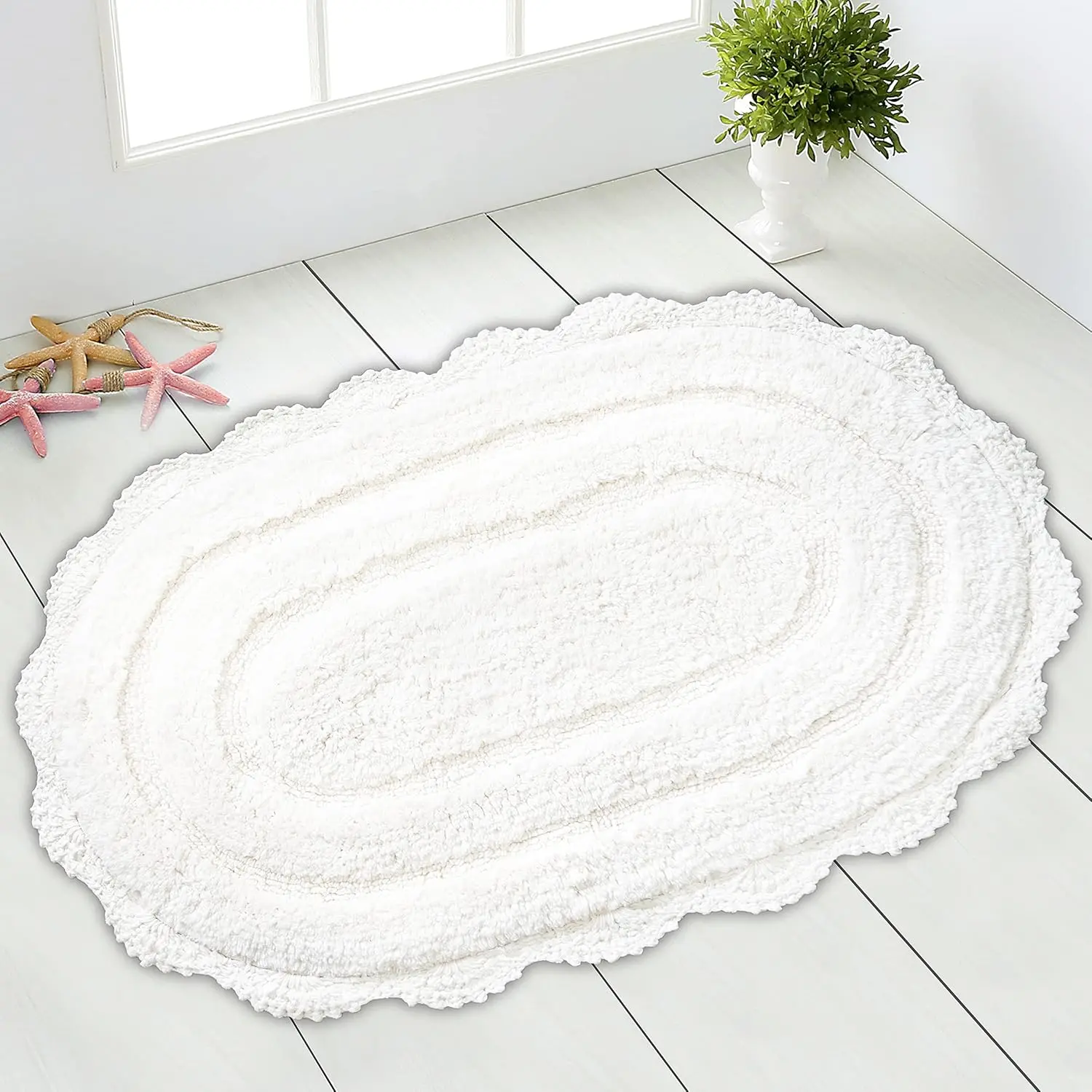 100% Cotton Absorbent Anti-Skid Vintage Handmade Crochet Bath Rug - 21x34 in Oval Bathmat with Artisan Border, Medium Size, Machine Wash Quick Drying, Cold Wash Compatible, Boho Farmhouse Style, Indoor Bathroom & Children's Rooms Decor