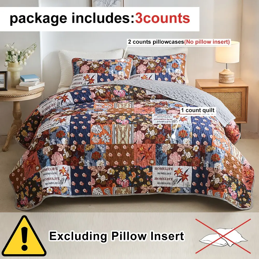 Vintage Patchwork Floral Bedspread Set, Colorblock Plaid Design, Soft Touch, All-Season Use, Cozy American Vintage Bedroom Decor, Comfy Bedding Sets