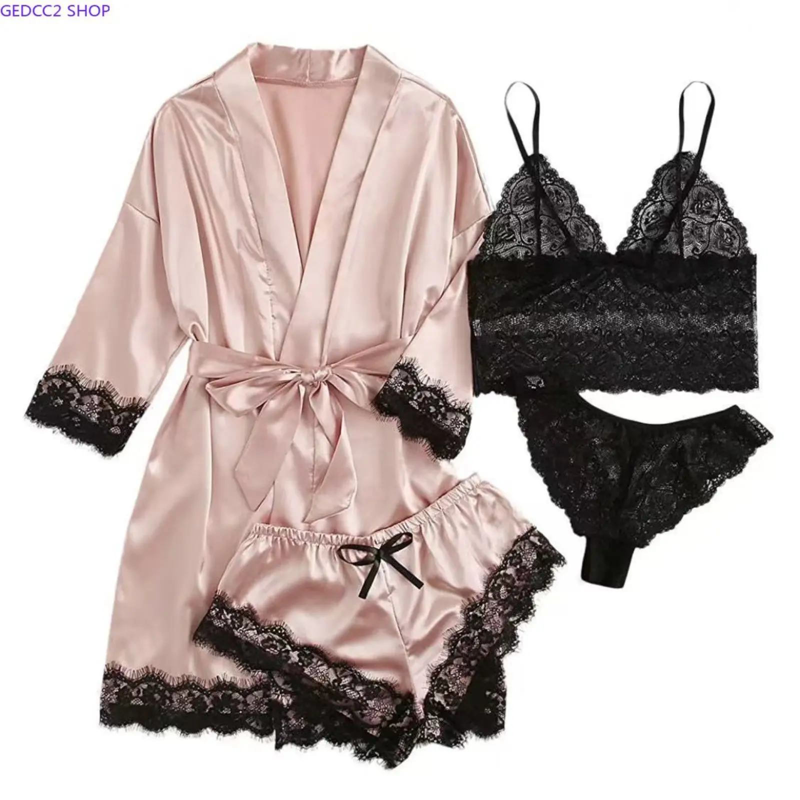 Women’s 4PCS Lace PJ Set - Elegant Sexy Loungewear, Comfortable Night Wear with Lace Details for Sleeping & Gifting