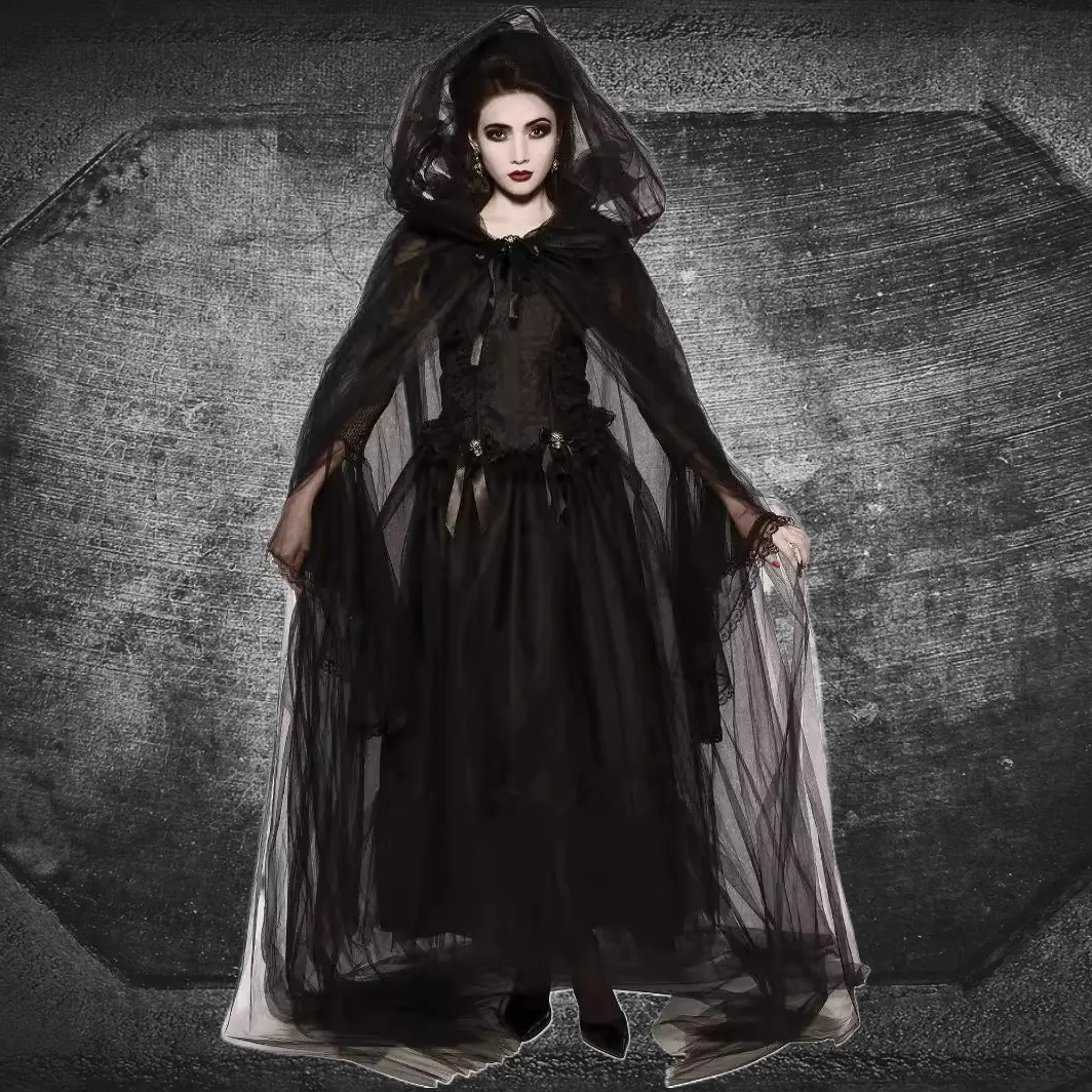 Vampire Bride Black Veil Gown Witch Ghost Bride Costume For Halloween Masquerade Role Playing