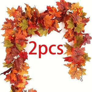 Two-Pack Realistic Maple Leaf Decorative Wreaths, Waterproof Plastic Leaves Vines, Indoor Outdoor Use, Halloween Thanksgiving Wedding Decor