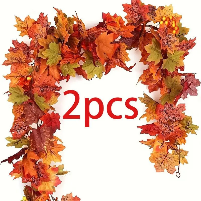 Two-Pack Realistic Maple Leaf Decorative Wreaths, Waterproof Plastic Leaves Vines, Indoor Outdoor Use, Halloween Thanksgiving Wedding Decor