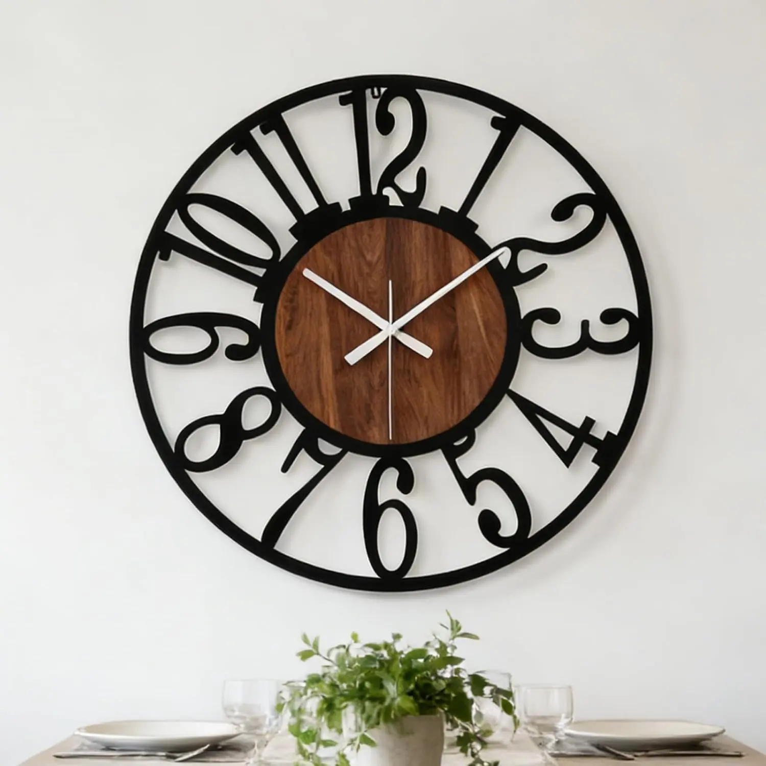 20 Inch Large Industrial Wood Wall Clock, Iron Frame & Artful Cutout Numerals, Silent Battery Operated, Decorative for Modern Farmhouse Living Room Office Dining Room Home Décor Products