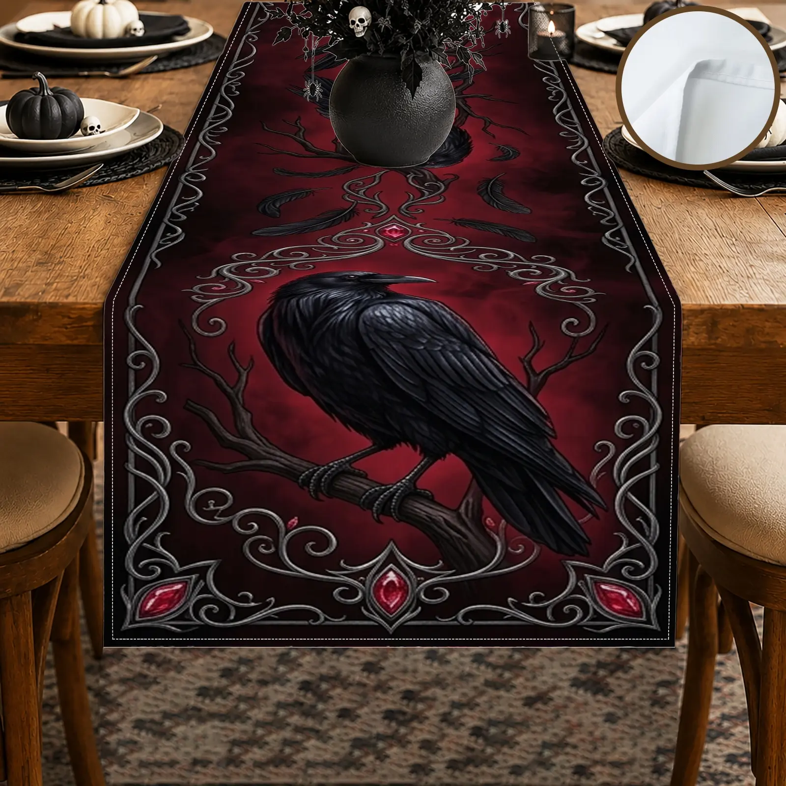 1pc Black Raven Gothic Table Runner, Dark Vintage Style, Ornate Border and Repeating Pattern, for Dining Table Halloween Party Home Decor Seasonal Table Decor