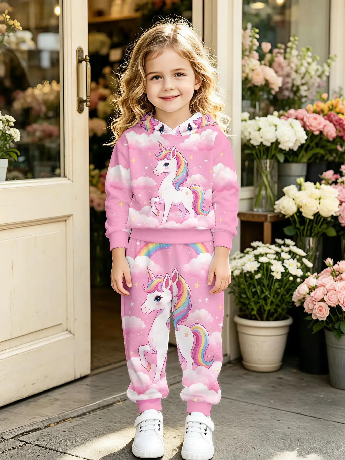 Girls' Cloud Rainbow Unicorn Hoodie Set, Cute All over Print, Loose Fit, Comfortable Two-Piece, Perfect for Parties and Gifts