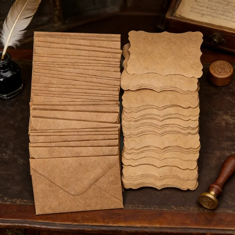 60 pieces/set - Creative kraft paper envelope and gift card set, equipped with vintage envelopes, made of blank wavy lace, suitable for handwritten birthday and thank-you messages, (30 envelopes+30 gr
