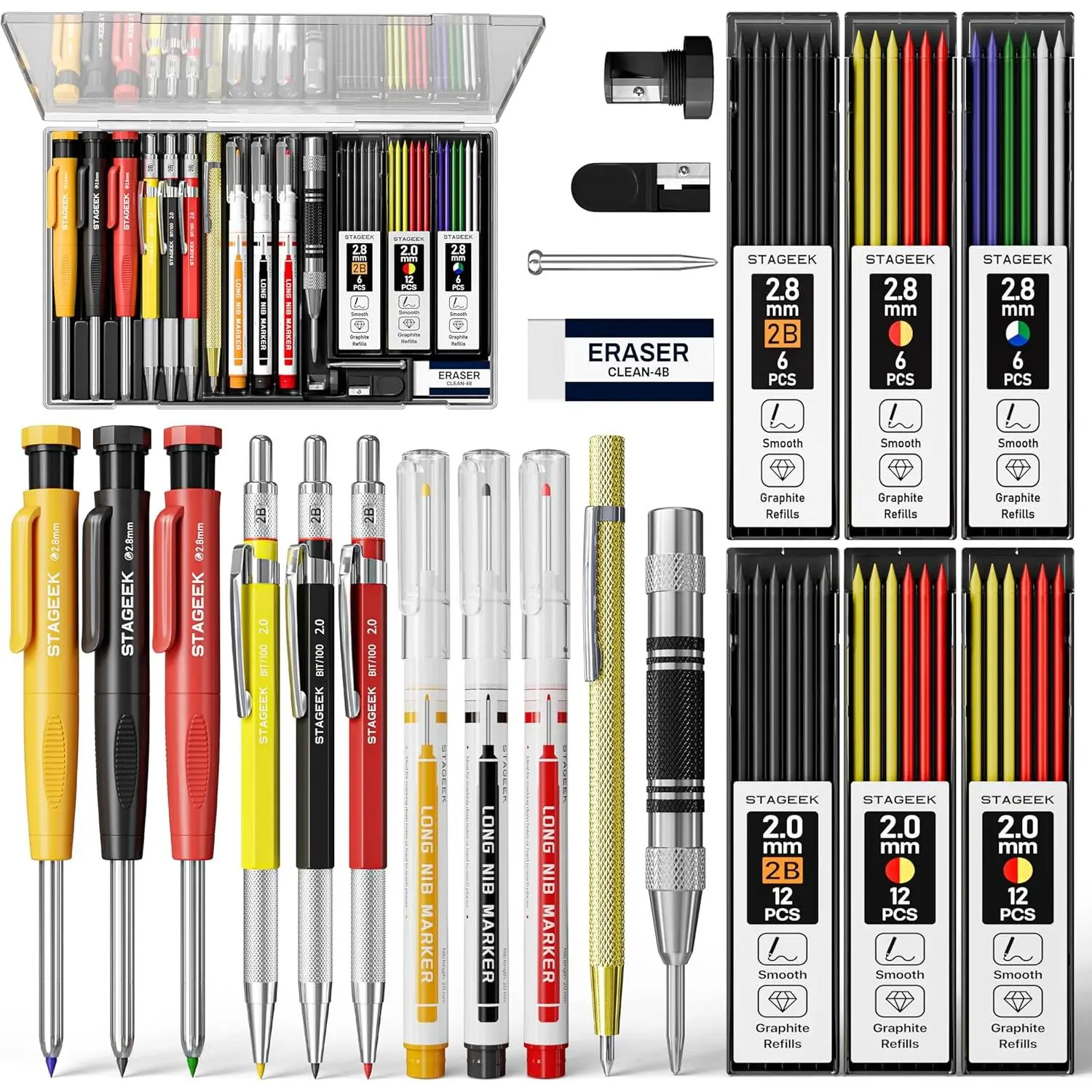 STAGEEK 22 Pack Carpenter Pencil Set with Sharpener, Mechanical Carpenter Pencils with 60 Refills, Deep Hole Long-Nib Marker Pens, Carbide Scribe Tool & Construction Pencils for Architect with Case