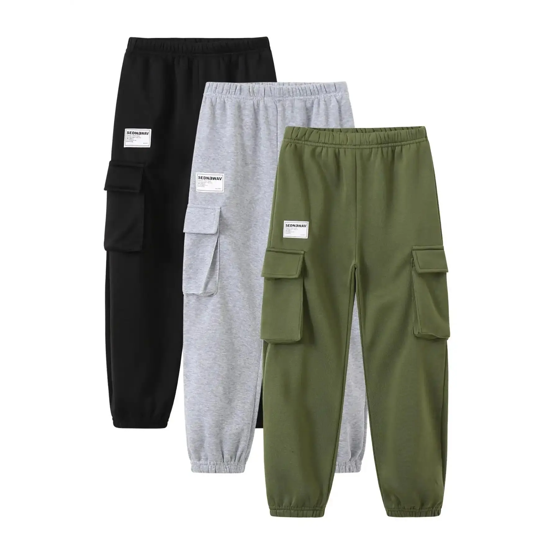#backtoschool3-piece set of boys' spring and autumn knitted work jogger pants with multiple pockets, patch labels, elastic waist, casual sports pants, loose fit for wearing outside