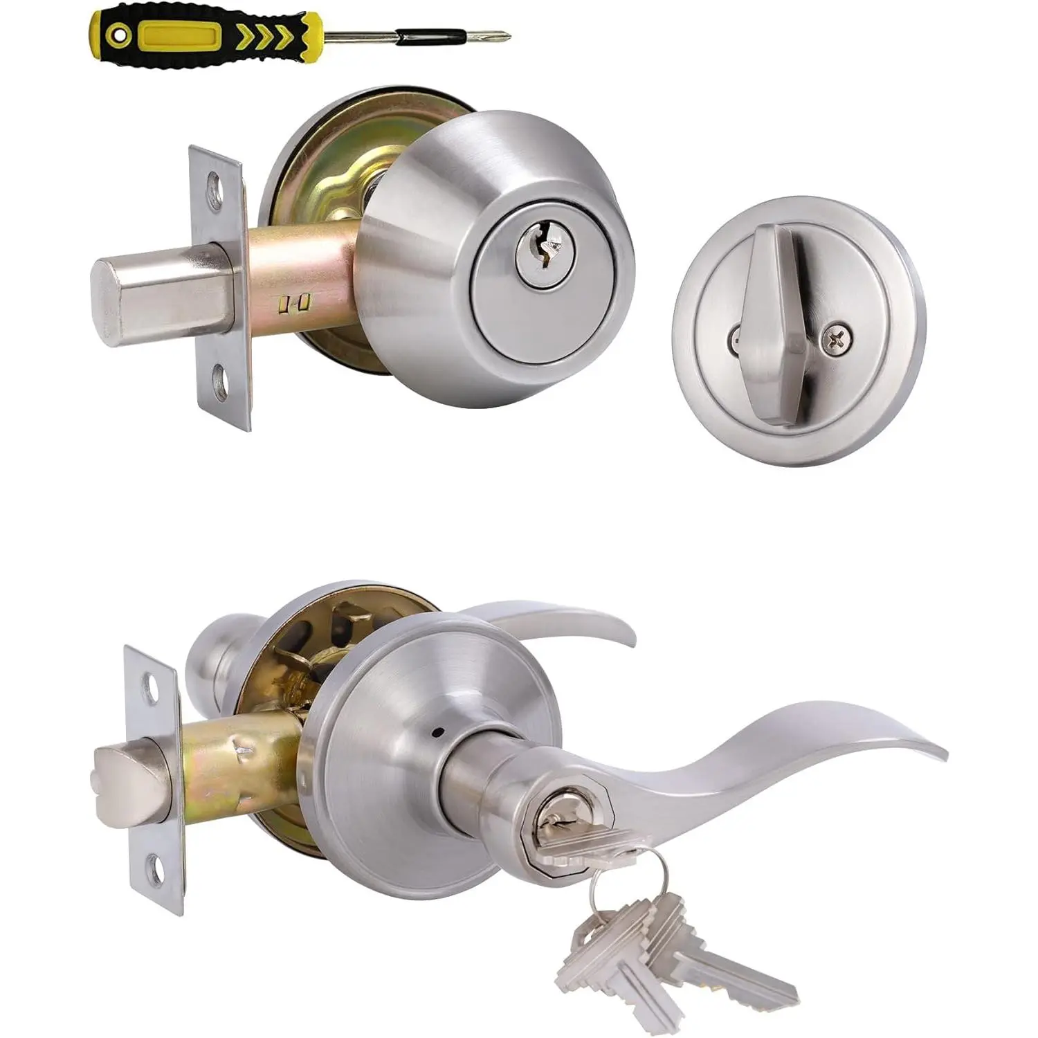 Lanwandeng Keyed Alike Front Door Lever Lockset with Single Cylinder Deadbolt Combination Set, Exterior Door Knob with Lock and Deadbolt, Satin Nickel Finished Door Lock