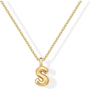Women's 14K Gold Plated Chunky Bubble Initial Pendant Necklace, Artificial Gemstone Jewelry Accessory