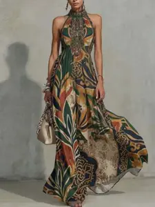 Vintage Ethnic Print Halter Waist Dress, Bohemian Style, High-End Exotic Atmosphere, Suitable for Vacation, Streetwear, Dating