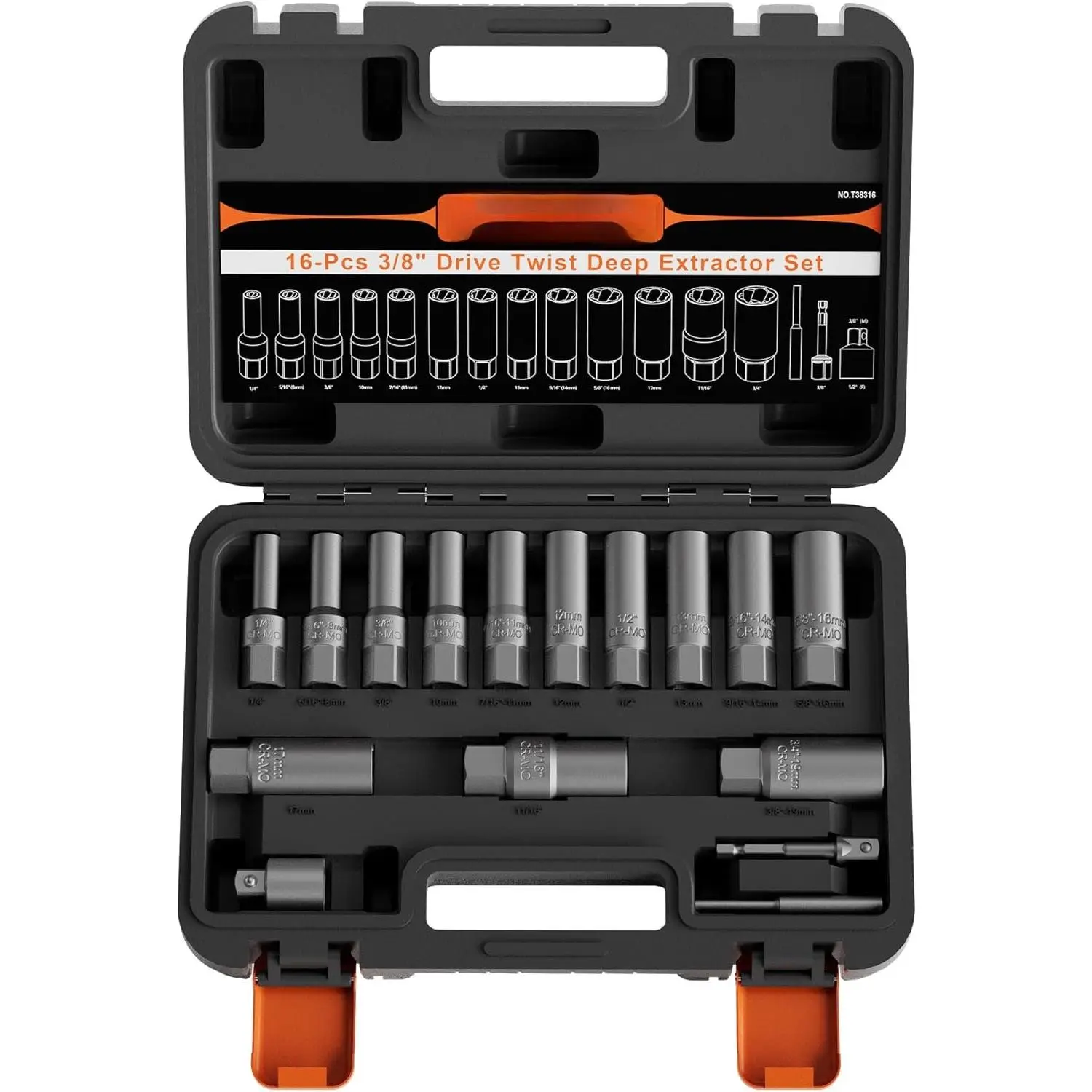 16 count 3/8" Drive Deep  Bolt Extractor Set, Wheel Lock Removal Kit | Easy-out tool for removing damaged, frozen, rusted & rounded-off , nuts, studs & screws, Cr-Mo steel