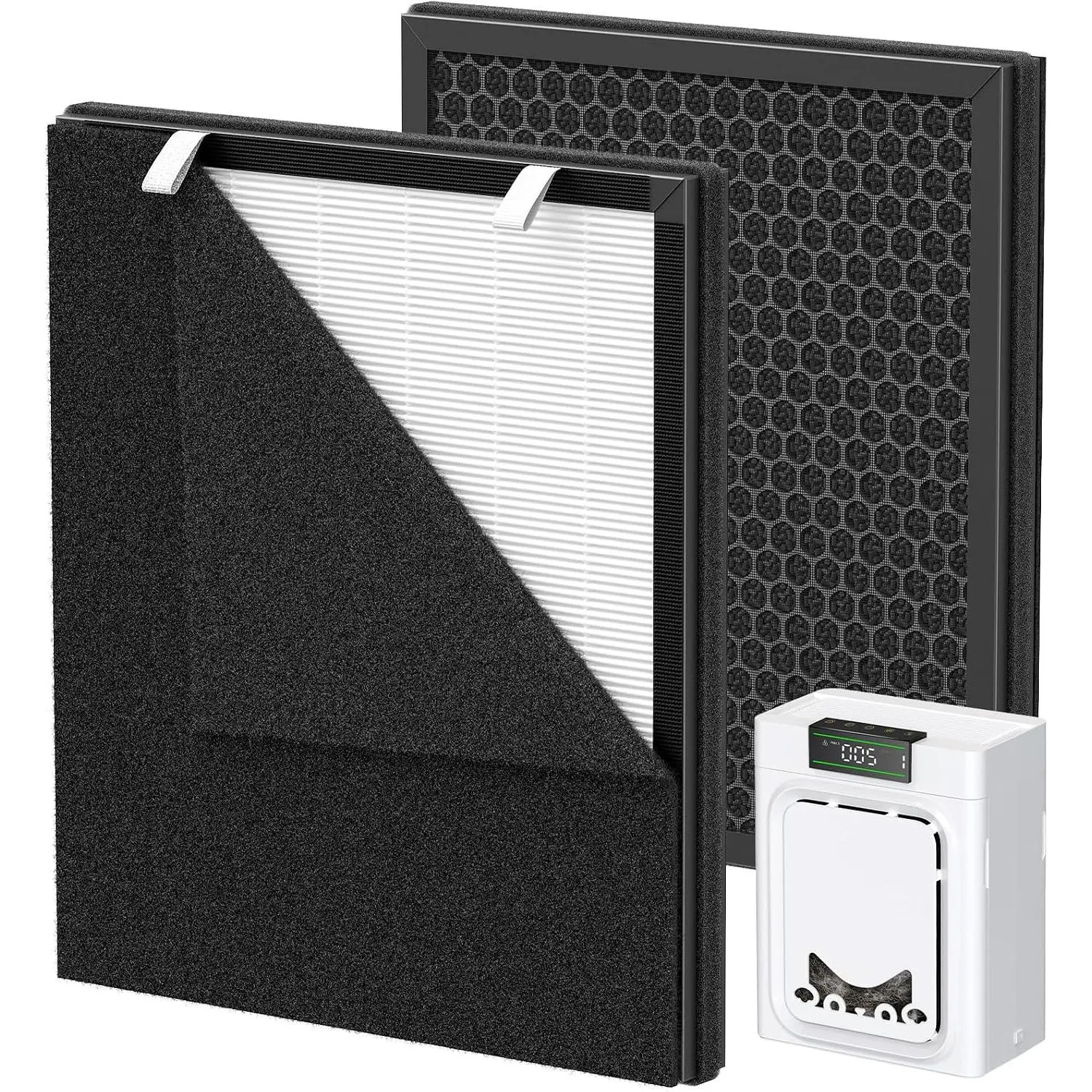 PP02 Replacement Filter Compatible with oneisall PP02 Pet Air Purifier |   Double Sided Air Intake Hepa Filters for Pet fur, Dander and Odor, 2 Pack Main Filters + 2 Carbon Pre-Filters