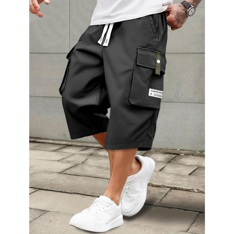 HIDKAT Men's XL Extra Baggy Lightweight Preppy Above-the-Knee Cargo Shorts - Black, Summer Casual, Elastic Drawstring Mid Waist, Multiple Pockets, Letter Patch, Digital Print, Retro Chic, Non-Stretch Nontransparent Fabric, for Daily & Light Outdoor Use