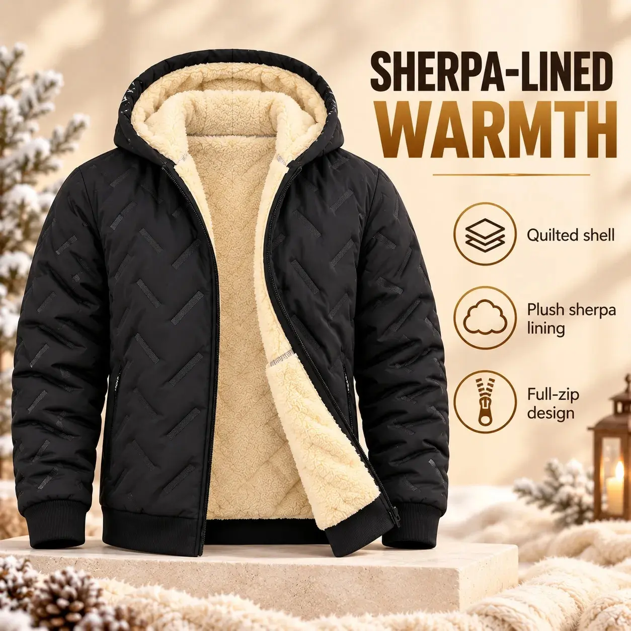 Men's Sherpa-Lined Hooded Quilted Winter Jacket with Full-Zip Front and Pockets