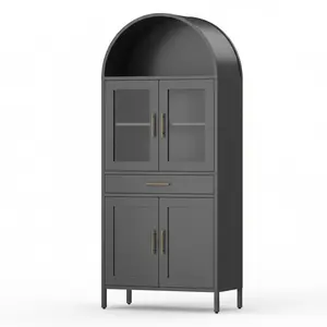 Garvee ﻿73'' Arched Cabinet with Glass Doors, Metal Kitchen Pantry with Storage Drawer & 2 Adjustable Shelves, Modern Display Bookcase for Living Room, Dining Room or Kitchen, Black