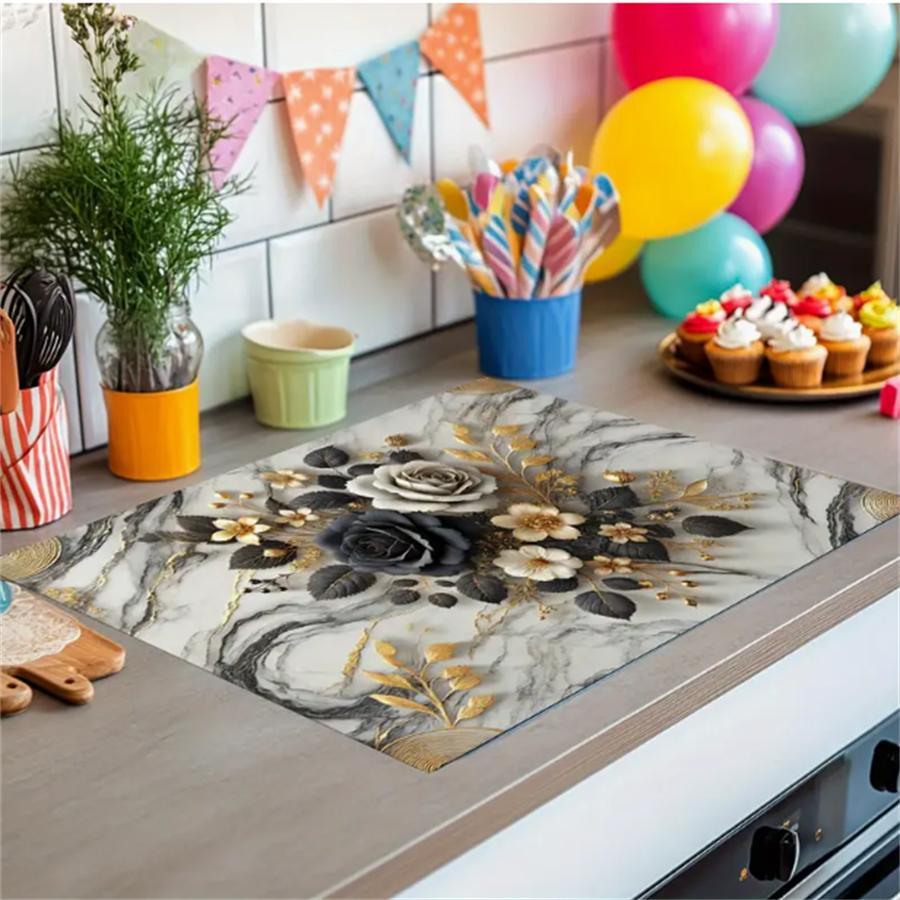 2DFlatFlower Pattern Gas Stove Cooktop Panel Protector Cover, 1 Count Heat & Scratch Resistant Stove Top Protector, Easy To Clean Stove Top Cover for Home Dining Room Barbecue Floral Pattern