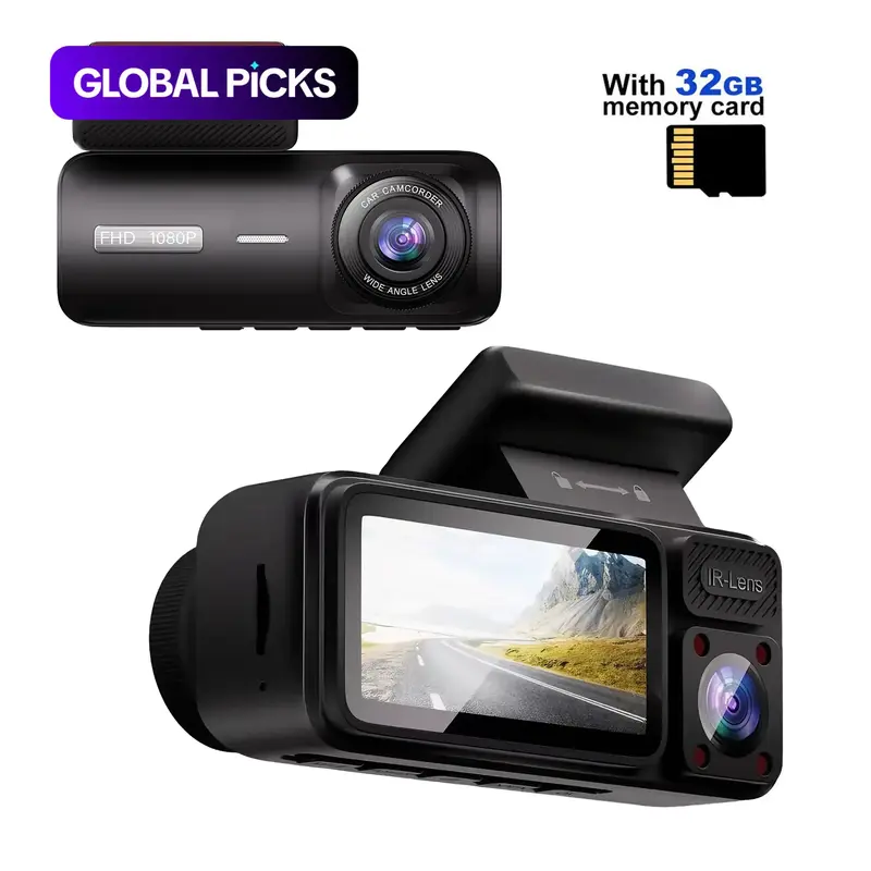 Car Dash Cam with 32GB Memory Card, Wired Front and Interior Dual-Lens HD Dash Camera, Car Dashcam with Loop Recording and G-Sensor, Automotive Dashcam #GLOBAL PICKS