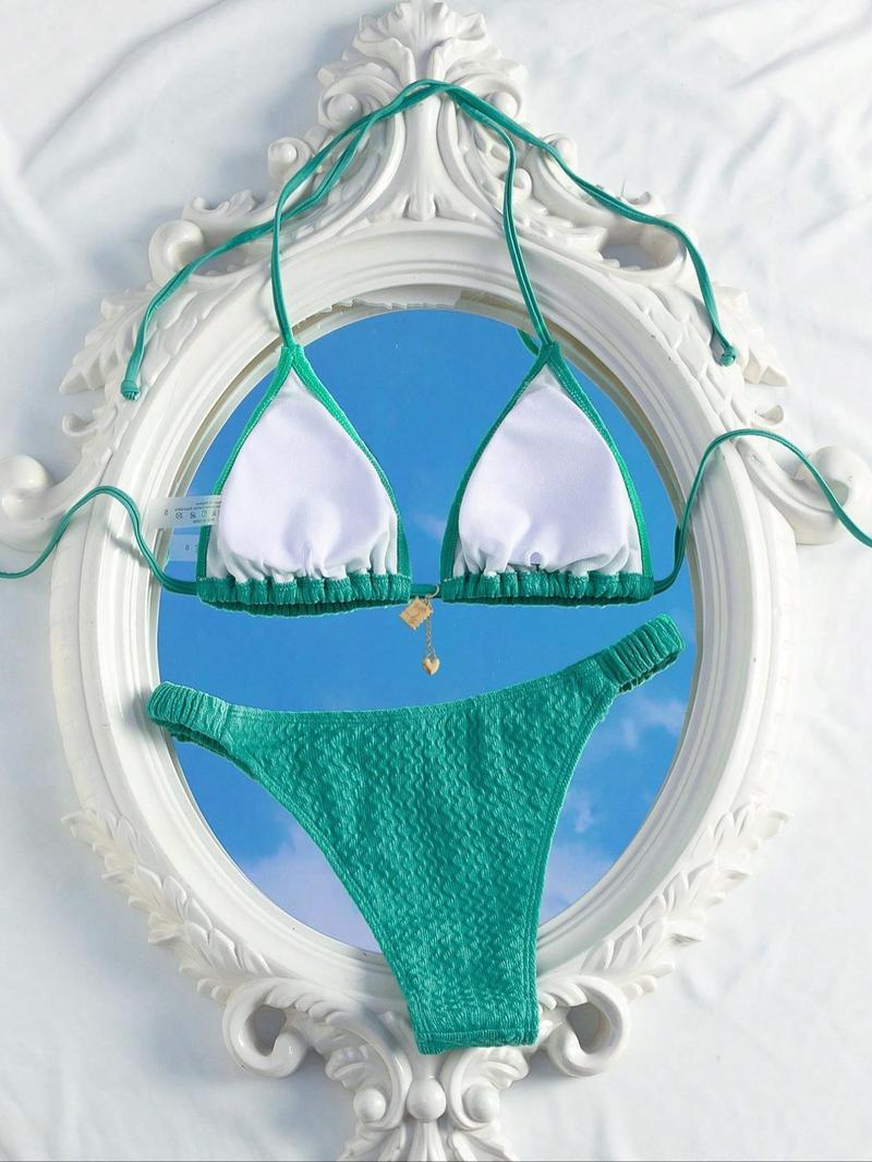 Two-Piece Set Women's Textured Bikini Set, Halter Triangle Swim Top & High Cut Two Piece Swimsuit, Ladies Summer Swimwear, Beach Bikini Set, Adjustable Strap Bikini