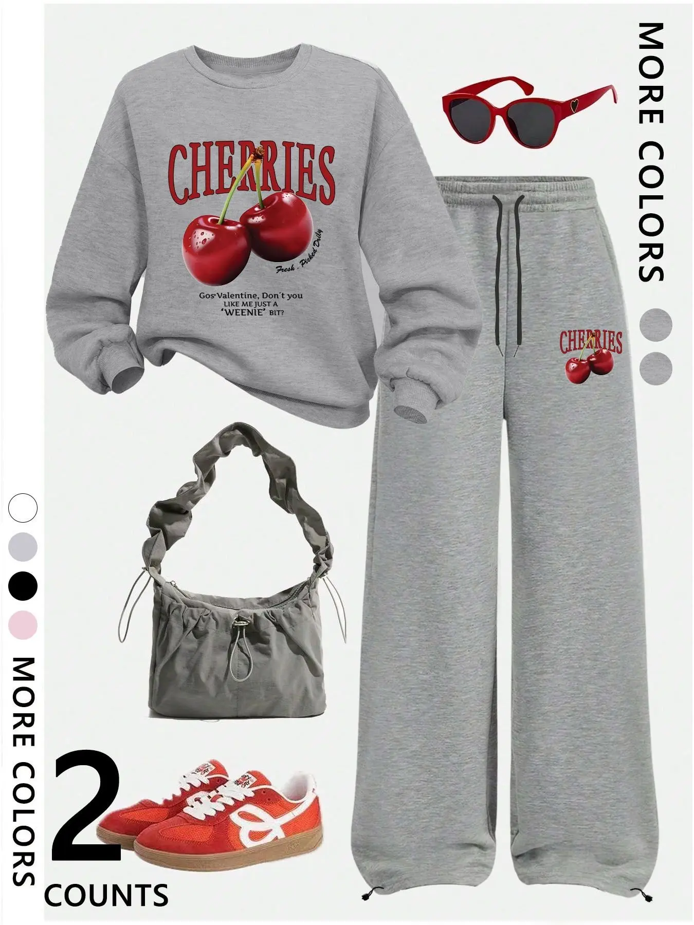 2PCS Warm Tracksuit Women Coquette Grey Cherry Printed Thermal Sweatshirt and Sweatpants Set for Ladies Winter Daily Casual