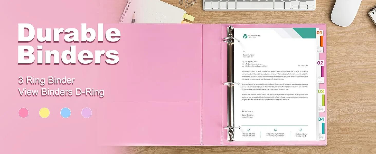 Durable 3 Ring Binder, 2 Inch, Economy 4 Pack, Each Holds 540 Sheets, D-Ring Presentation View Binders for Office, School, Home (Pastel Assortment)