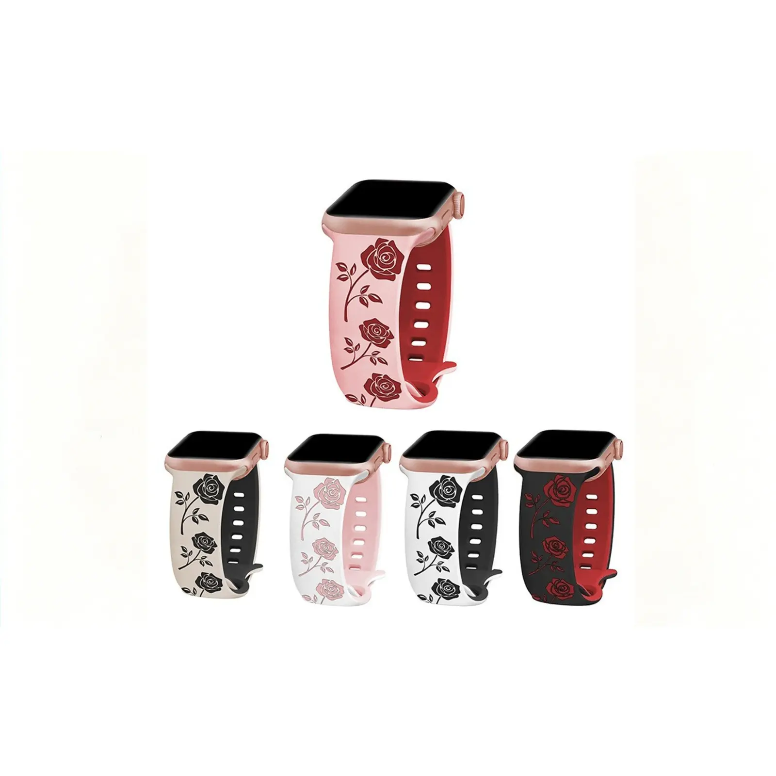 Apple Watch Silicone Band for Women, Trending Embossed Red Rose Pattern Watch Strap, Two-Tone Color Replacement Wristband, Soft Comfortable Engraved Watch Band for Dating Daily Travel Casual Wear