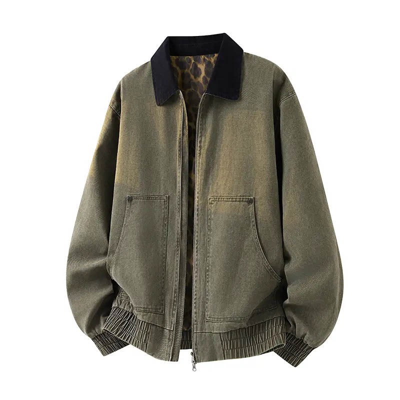 Men's color contrast collar workwear jacket, cotton washed vintage fabric, leopard lining, retro coat for spring and autumn. Zipper closure, double patch pockets, elastic hem, trendy and versatile.