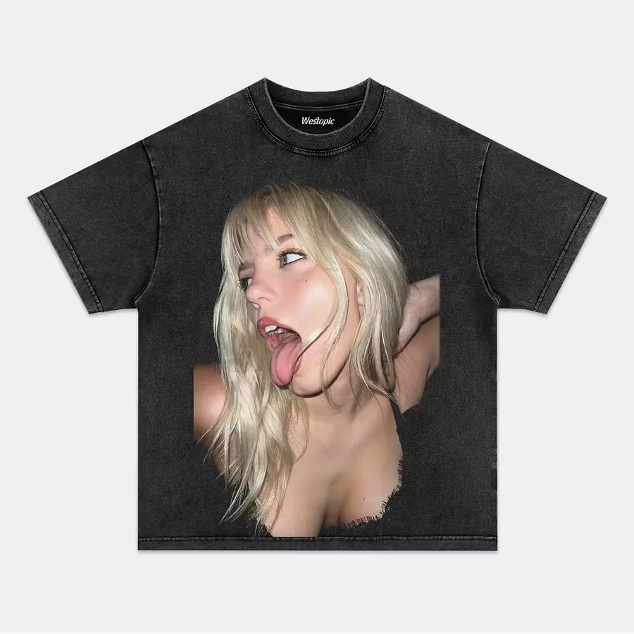 Unisex Vintage Washed Black Oversized Heavyweight Cotton Short-Sleeve T-Shirt - Retro Blonde Female Tongue-Out Bust Portrait Graphic, Relaxed Fit, Casual Breathable Apparel, Edgy Urban Streetwear Top, Classic