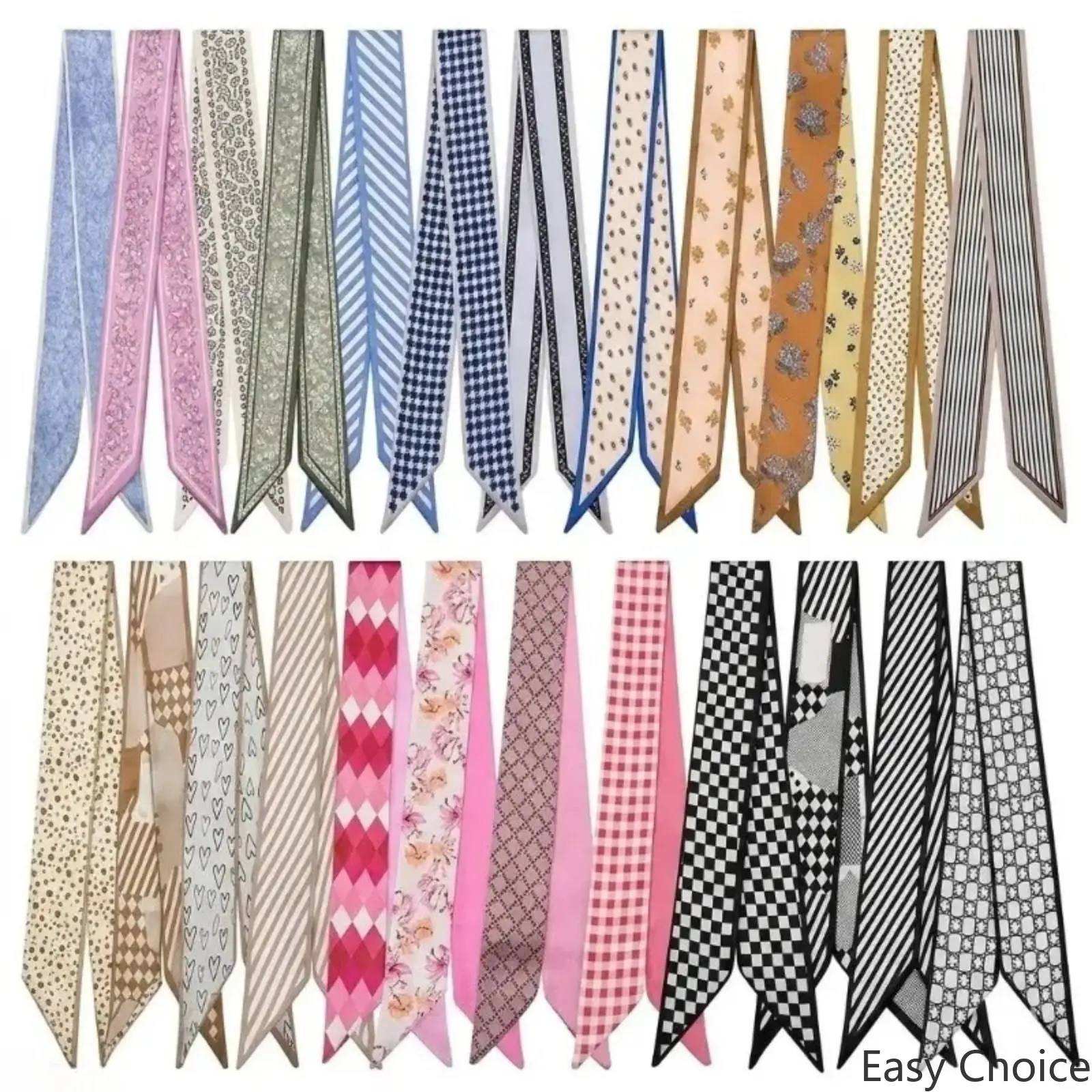 [SummWins] Women's 24-Count Fade-Proof Silk-Like Multifunctional Bag Accessory Set - 38.6x2.7in Neck Wraps, Headbands, Floral Embroidered Charms & Twillies in Assorted Prints for Adult Casual Daily Use
