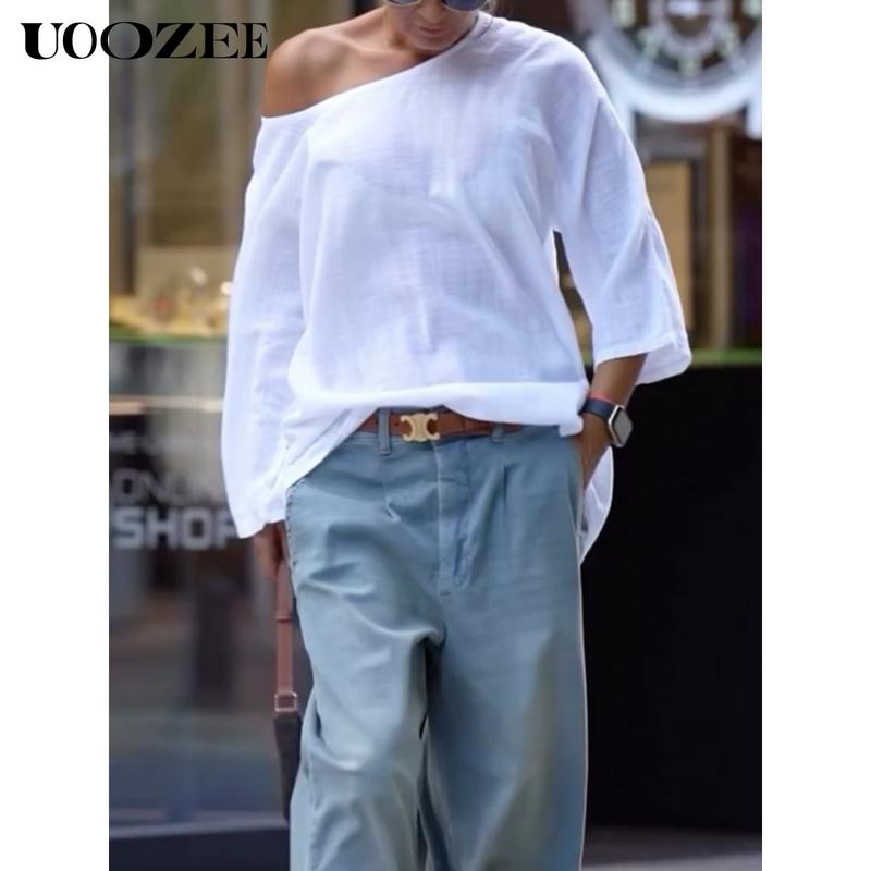 UOOZEE Women's Summer Cotton Blouses - Off Shoulder Long Sleeve Tops in Solid Color for Casual Wear High-Quality Material Multiple Color Options T-shirts
