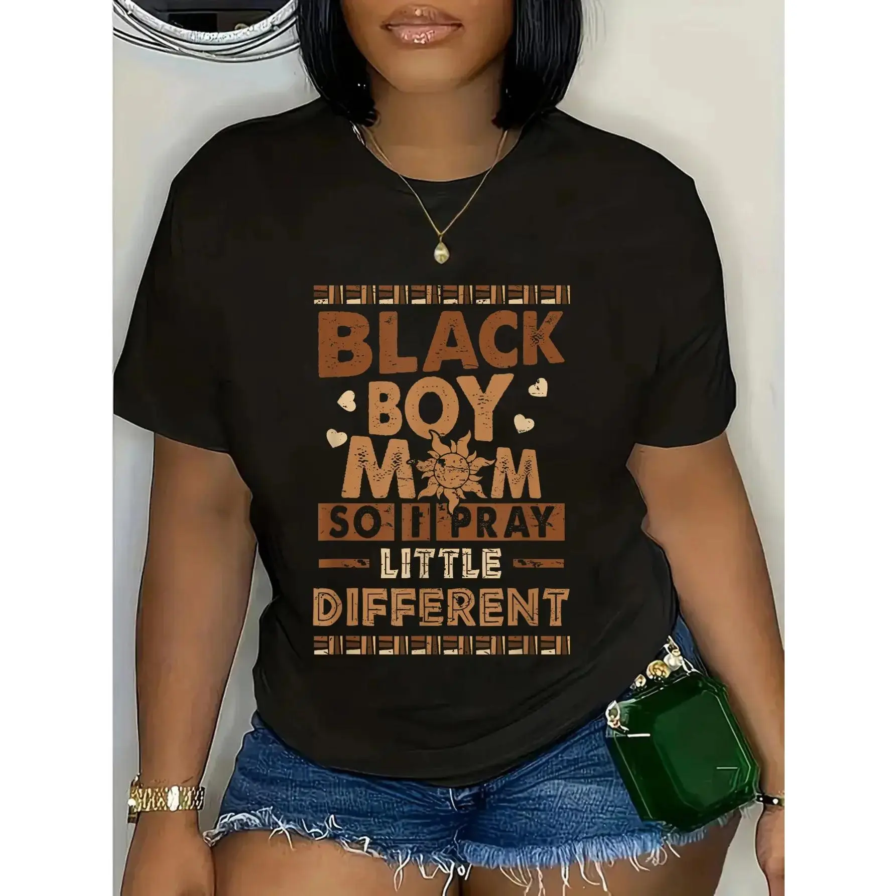 Women's 100% Cotton Short-Sleeve Vintage Round Neck T-Shirt - Embroidered Muppet Design, "Black Boy Black Mothers Day Mom So I Pray Little Different" Print, Everyday Wear