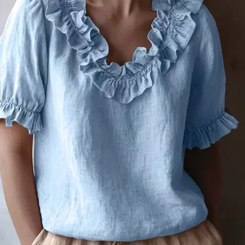 Plus Size Shirt, Spring Summer Casual Fashion Short Sleeve Top, Sweet V‑Neck Blouse, Comfortable and Stylish, Casual Trendy Blouse