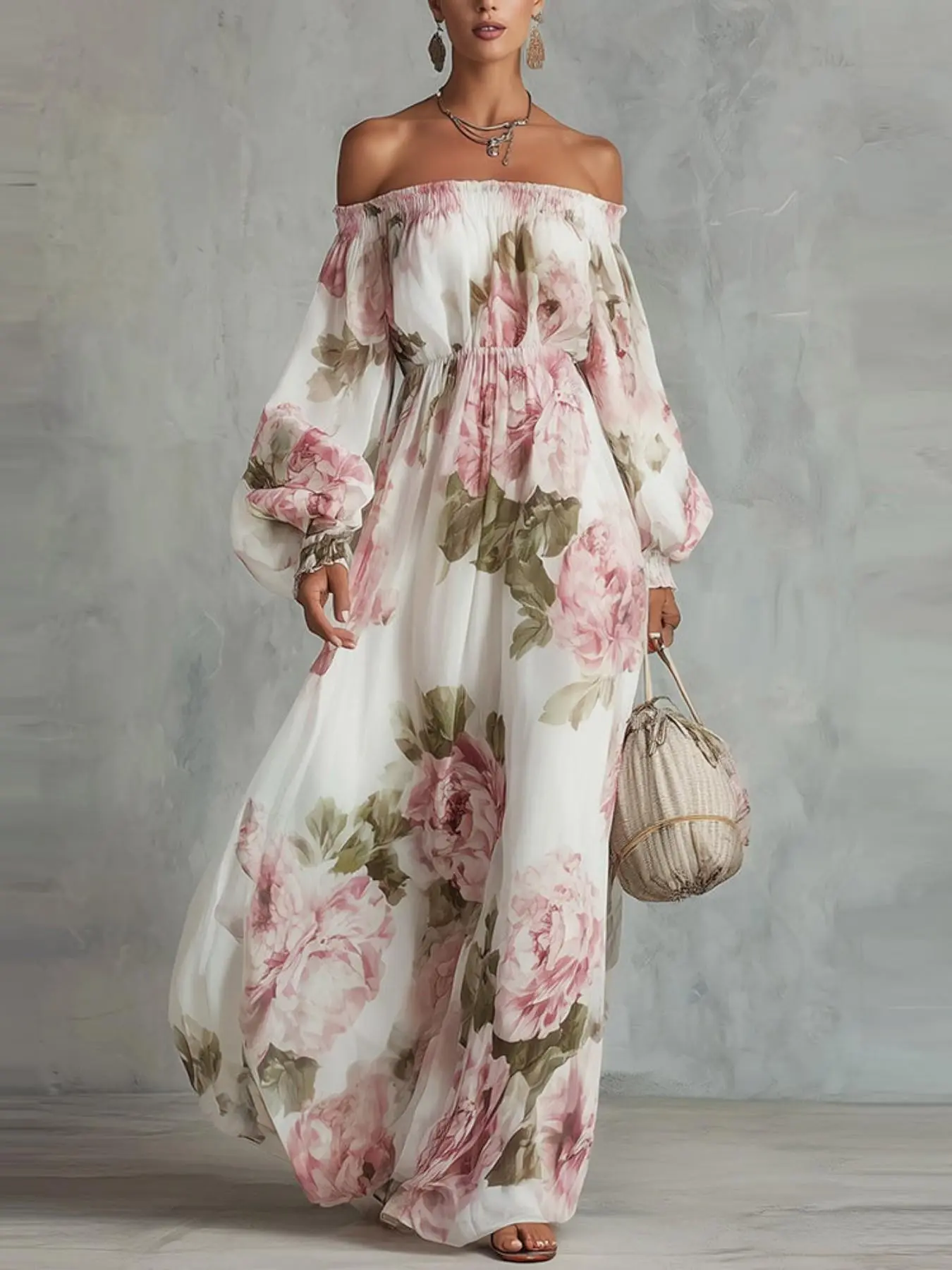 Elegant French Print Off-Shoulder Short Sleeve Long Dress, Floral Fitted A-Line Midi Dress, Chic Summer Party Wear