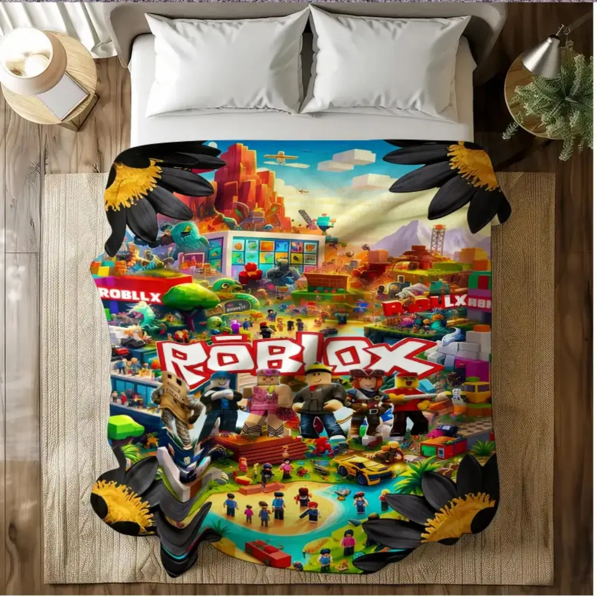 Roblox Inspired Game City Flannel Blanket, Colorful Avatar Cartoon Throw, Soft Cozy Fleece Blanket, Gaming Room Sofa Bed Gift for Teens Fans