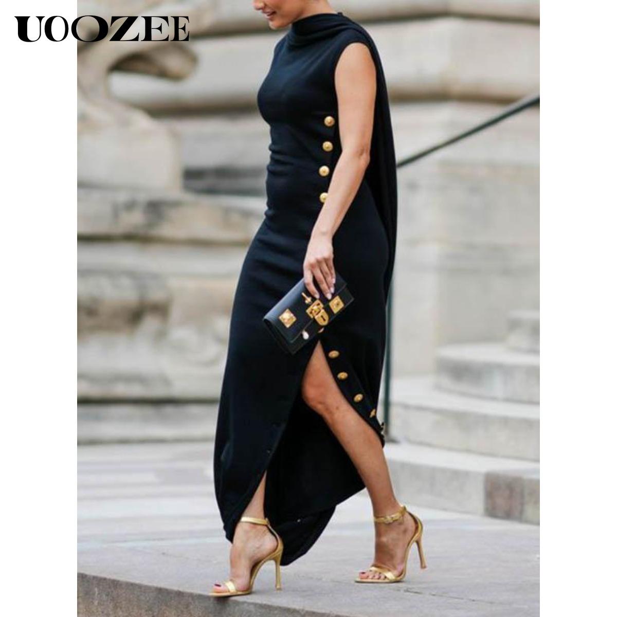 UOOZEE Women's Casual Maxi Dress - Loose, Sleeveless, Solid Black, Split-Side, Shawl Collar, High Neck, Cotton, Button-Accented, Summer Womenswear
