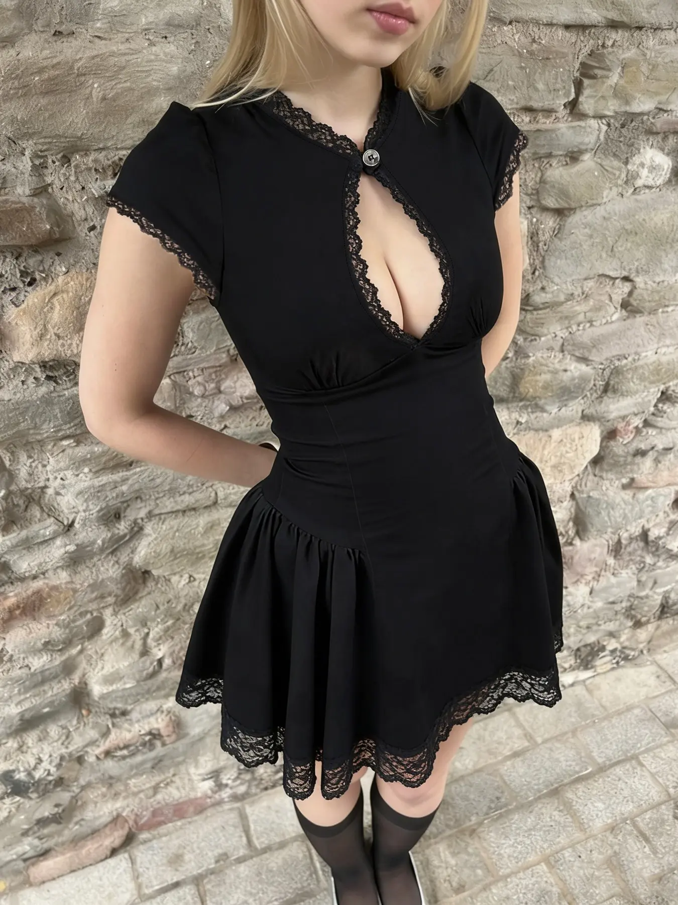 Women's Summer Black Gothic Lace Trim Mini Dress Elegant Keyhole Front Cutout Short Sleeve Round Neck Fit & Flare Silhouette Vintage-Inspired A-Line Skater Dress.Slim Waist Design A Line Hem